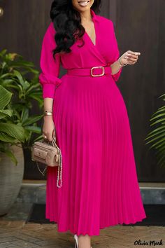 Olivia Mark - Elegant Long Sleeve V Neck Ruched Midi Dress with Belt Dress Elegant Long, Midi Dress Formal, Corporate Wear, Party Dress Long Sleeve, Classy Dress Outfits, Ruched Midi Dress, Solid Color Dress, Stylish Work Outfits, High Quality Dress