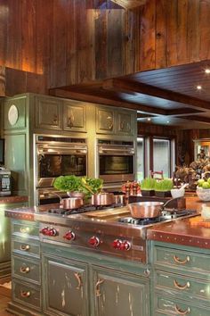 a large kitchen with green cabinets and stainless steel appliances, including an island countertop