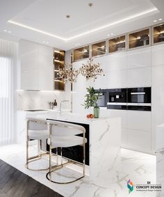 a modern kitchen with marble counter tops and white cabinets