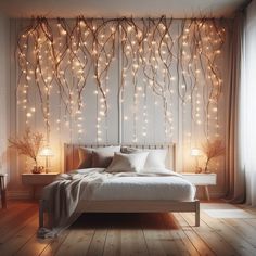 The combination of lights, decorations, and the wooden furniture creates an inviting atmosphere filled with warmth and holiday cheer. Fairy Light Plants, Fairy Light Wall Ideas, Fairy Lights Girls Bedroom, Fairy Lights Behind Bed, Vines Lights, Bedroom Ivy, Vine Lights