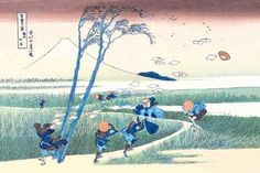 size: 18x12in Art Print: Wind Buffets Travelers in View of Mount Fuji by Katsushika Hokusai : Katsushika Hokusai (1760 - 1849) dominated Japanese Ukiyo-e woodblock printing, meaning "pictures of the floating world," or everyday life. Hokusai, who changed his name each time he changed artistic styles, is best known for his woodblock print series "Thirty-Six Views of Mount Fuji," which includes the iconic "The Great Wave Off Kanagawa." He was extraordinarily prolific between 1796 and 1820, produci Hokusai Katsushika, Meaning Pictures, Hokusai Paintings, Jeff Wall, Gust Of Wind, Woodblock Printing, Monte Fuji, Mont Fuji, Great Wave Off Kanagawa