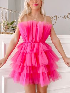 The Too Good To Be Tulle Organza Dress from Sassy Shortcake is a hot pink strapless tiered ruffle dress. She is lined, has a hidden side zipper, and the soft tulle is super comfy - no itch! Also available in baby blue. fits true to size, model wearing a size small Pink Hoco Dress Short, 30th Outfit, Hot Pink Hoco Dress, Hoco Dress Short, Pink Hoco Dress, Pink Hoco Dresses, Sassy Shortcake, Babydoll Dresses, Barbie Dresses