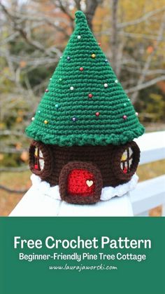 a crocheted christmas tree hat with the words free crochet pattern beginner - friendly pine tree cottage