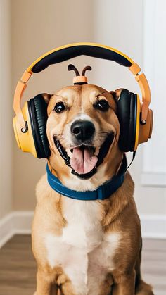 a dog with headphones on sitting down