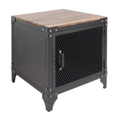 a black metal cabinet with wood top