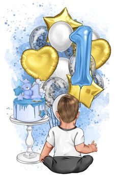 a little boy sitting in front of a cake and balloons with the number one on it