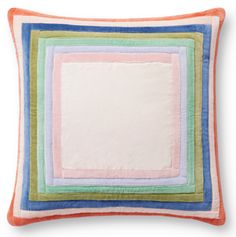 a multicolored pillow with a square design on the front and sides, in various colors