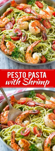 pesto pasta with shrimp and tomatoes in a skillet