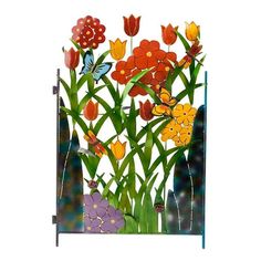 a painting of flowers and butterflies on a white background with an iron gate in the foreground