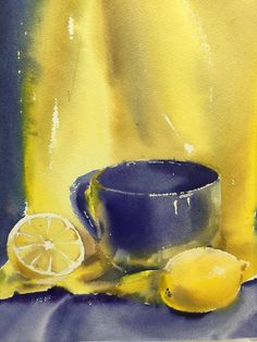 a painting of lemons and a blue bowl