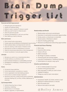 Bellow is a trigger list to use is a to prompt and stimulate your thinking, helping you generate ideas or remember tasks and topics that you may have otherwise overlooked. A trigger list acts as a catalyst to trigger your thoughts and spark associations in your mind. This trigger list consists of various categories and topics related to different aspects of your life. Each category contains a list of specific items or prompts that serve as triggers for your brain to explore and expand upon. By g Trigger List Brain Dump, Planner Trigger List, Brain Dump Trigger List, Brain Dump List, Trigger List, Life Categories, List Organization, Free Planner Printables, Best Planner