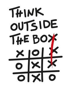 the words think outside the box are written in black and red on a white background