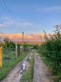 an empty dirt road with power lines in the background