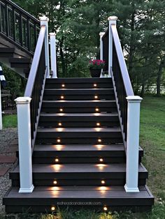 some stairs with lights on them in the grass and trees behind it, along with flowers