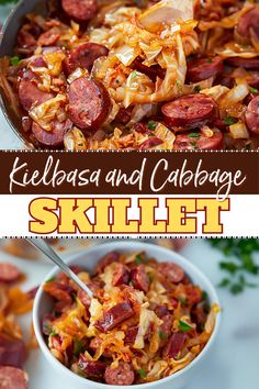 this is an image of kielbasa and cabbage skillet with text overlay