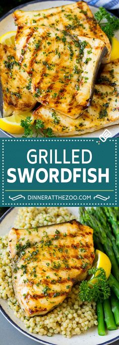 grilled swordfish on a plate with lemons and asparagus