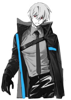 an anime character with white hair wearing a black jacket and tie, standing in front of a