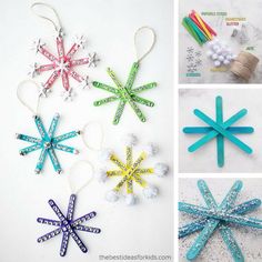 four different snowflake ornaments are shown together