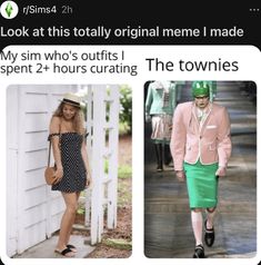 two pictures of people in different outfits on the same page, one is wearing a pink suit and green skirt