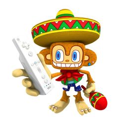 a cartoon character holding a wii controller and wearing a sombrero on his head