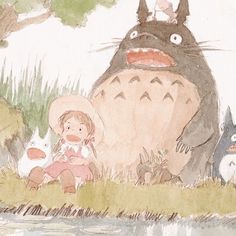 an image of children in the water with totoro and other animals around them