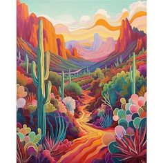 a painting of a desert with cactus trees and mountains in the background