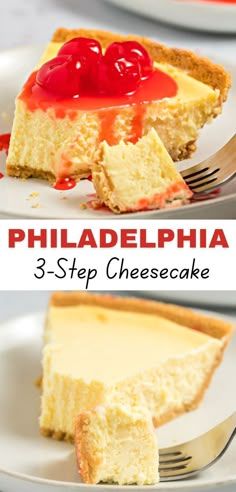 three different pictures of cheesecake with red sauce on top and the same piece being eaten