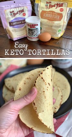 the ingredients to make keto tortillas are shown in two pictures, one is being