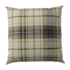 a beige plaid pillow on a white background with a black and green checkered pattern