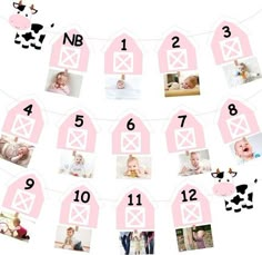 a baby's farm themed photo collage with barn numbers and pictures on it