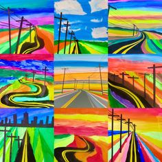 an abstract painting with multiple colors and lines on it's sides, including telephone poles