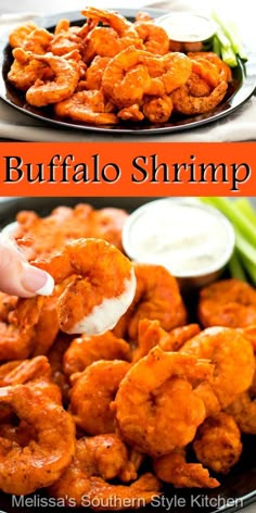 the buffalo shrimp is being served with ranch dressing