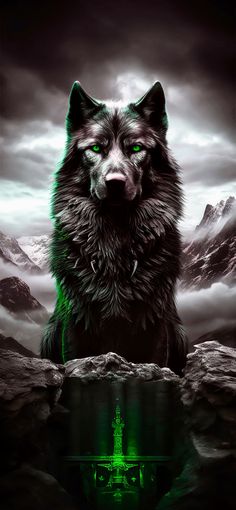 a black and green dog sitting on top of a rock