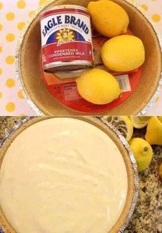 a bowl filled with lemons next to a can of eagle brand cheesecake batter