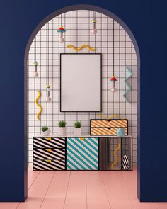 an arch in a room with colorful drawers and a mirror on the wall next to it