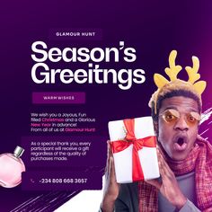 a man holding a gift box in front of his face with the words season's greetings on it