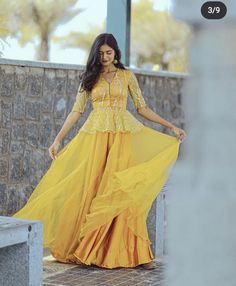 Haldi Lehanga Design, Sharara Dress For Haldi, Long Top For Lehenga, Yellow Peplum Top Outfit Indian, Haldi Long Frocks, Formal Koti Men, Sharara For Sangeet Function, Pithi Outfit Ideas, Lehanga Long Blouse