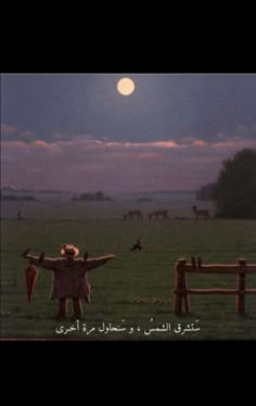 a man standing on top of a lush green field next to a fence under a full moon