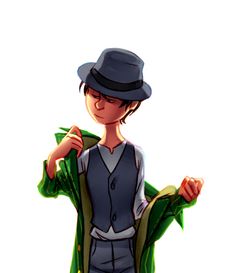 a drawing of a person wearing a hat and holding a green jacket over his shoulder