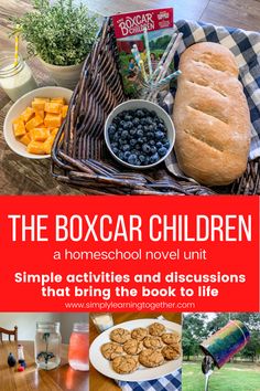 the boxcar children book is open on a table with blueberries and other food