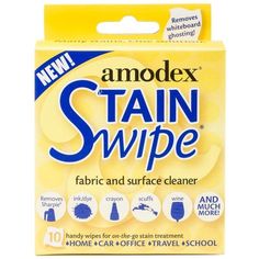 an ad for stain swipe fabric and surface cleaner, with yellow packaging on the front