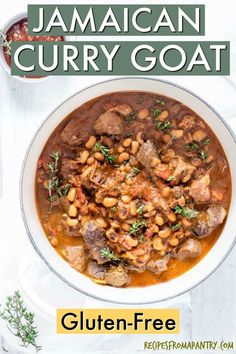 jamaican curry goat in a white bowl with text overlay that reads, gluten - free