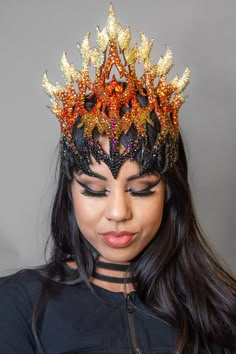 Lyraphic - Fire Crown - HEADGEAR XI (2023) Headgear Art Show Goddess Of Fire Costume, Fire Crown Diy, Fire Goddess Costume, Fire Headpiece, Flame Crown, Lava Dress, Paper Headpiece, Fire Crown, Fire Queen