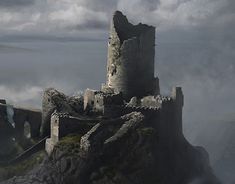 a castle sitting on top of a rocky hill under a cloudy sky with dark clouds