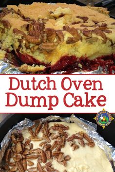 dutch oven dump cake with white frosting and pecans in the middle on top