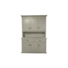 a white cabinet with drawers and cupboards on it's sides, against a white background