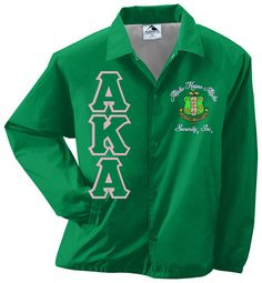 a green jacket with white letters on it