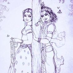 a drawing of two women standing next to each other, one holding a tree trunk