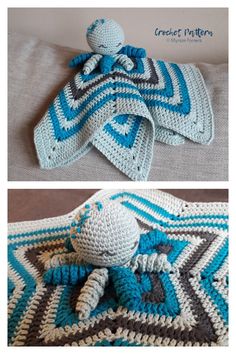 crocheted afghan with blue and white stripes on the bottom, along with a stuffed animal in the middle