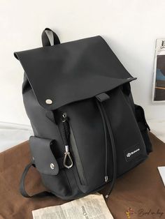 BirdinBag - Professional Womens Letter Patch Flap Backpack for Rookies and Professionals Trendy Portable Backpack For Outdoor, Trendy Outdoor Backpack, Trendy Portable Outdoor Backpack, Trendy Rectangular Outdoor Backpack, Drawstring Coat, Letter Bag, Flap Backpack, Backpack Material, Black Leather Backpack